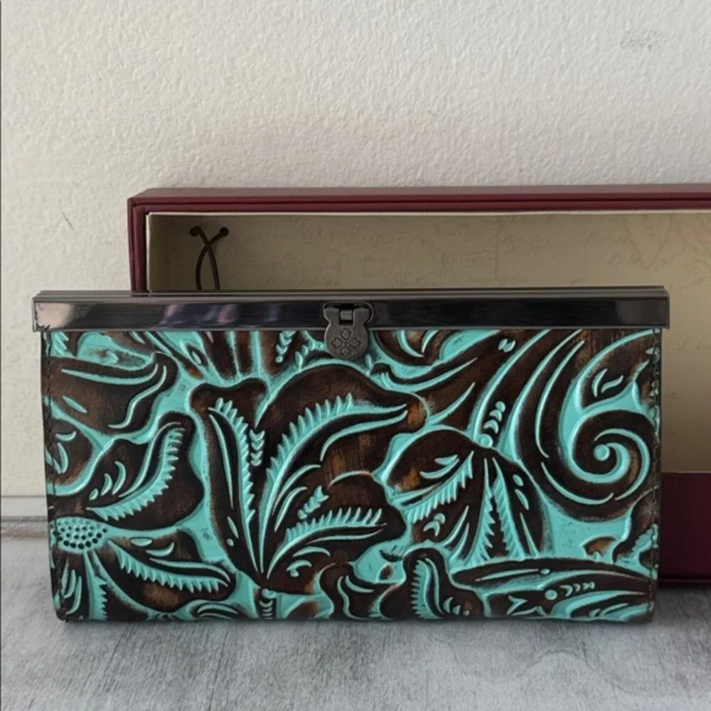Patricia Nash Wallet Leather Framed Turquoise Cauchy Tooled In Gift Box